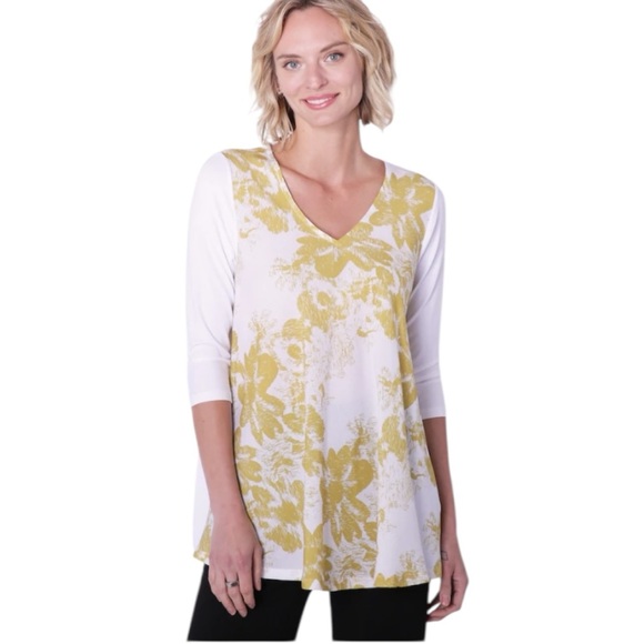 Tops - Terrera Yellow Floral Print V-Neck Tunic Top – Tencel Bamboo Blend – Size L